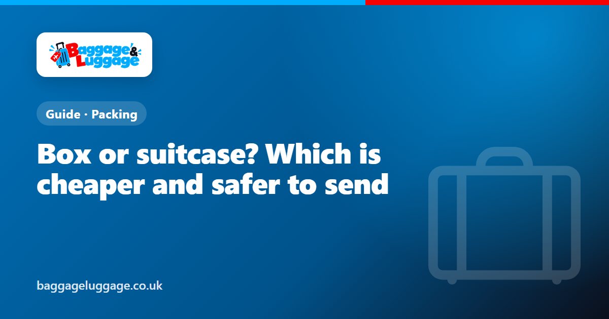 A large suitcase standing beside a cardboard box big enough to hold it