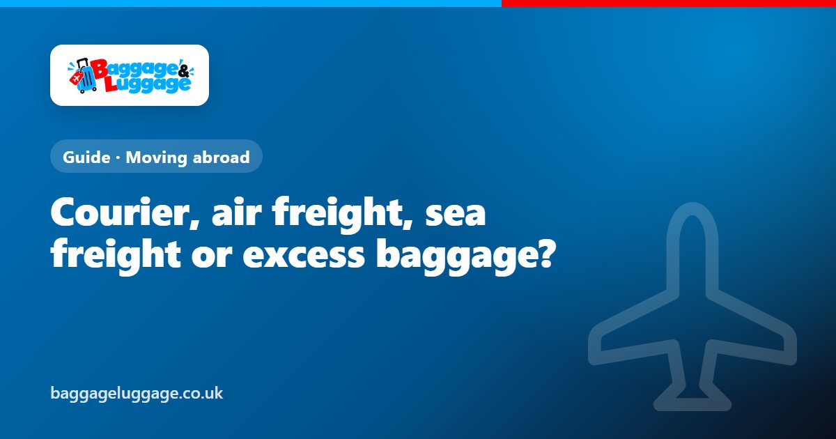 A suitcase, a stack of moving boxes, a cargo plane and a container ship side by side
