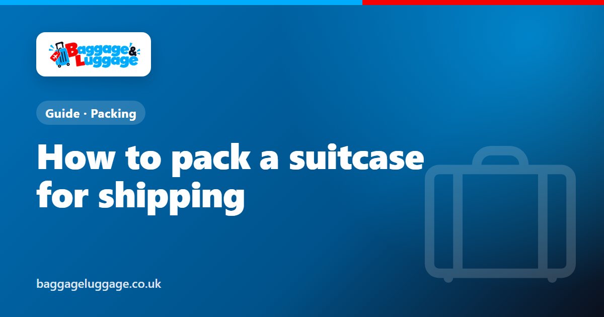 A packed suitcase with its zips held by a cable tie, its pull handle taped down and a luggage tag attached