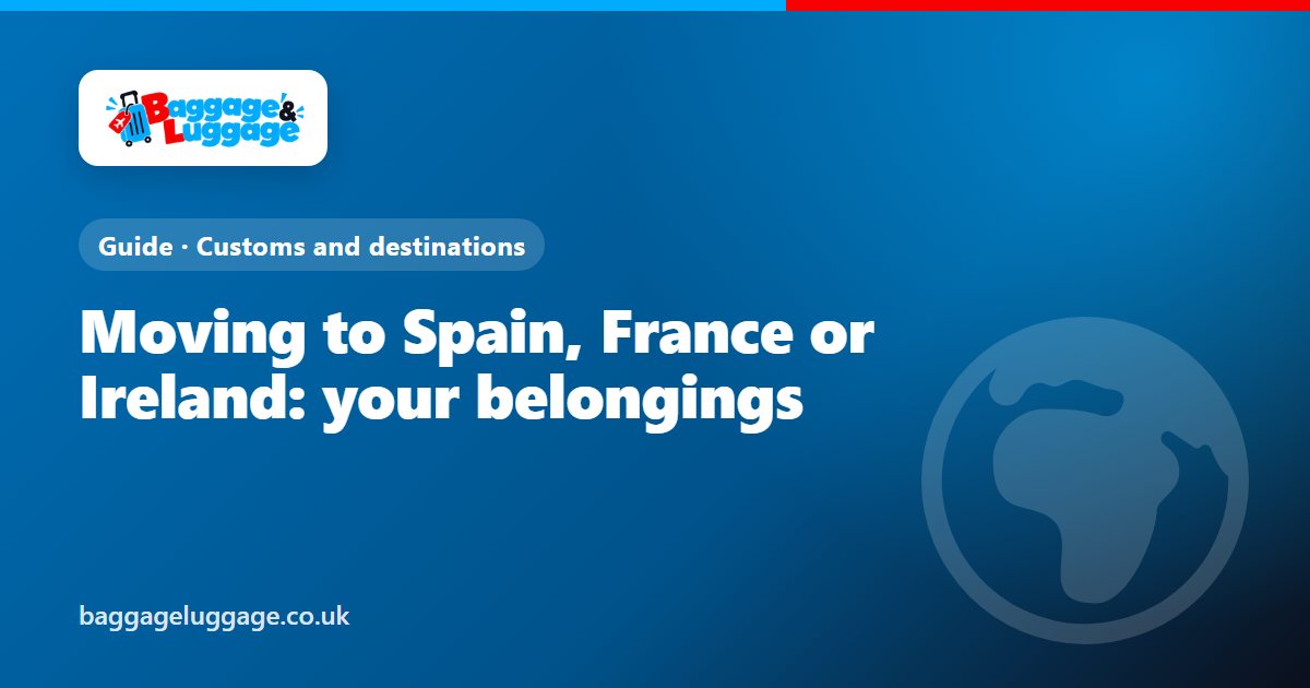 Packed moving boxes and a suitcase beside a map of Spain, France and Ireland