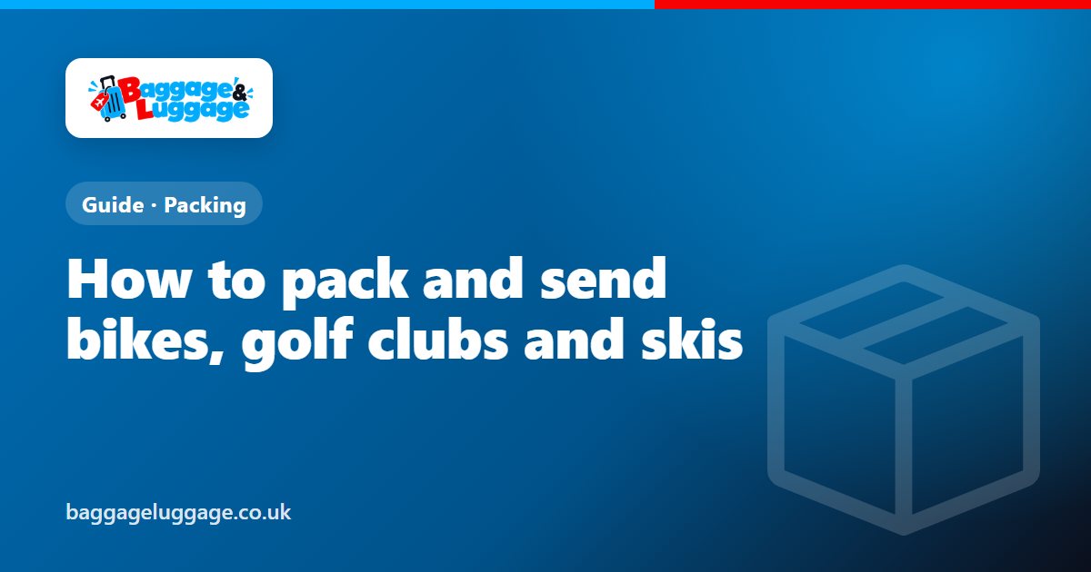 A bike packed in a cardboard bike box next to a golf travel bag and a padded ski bag