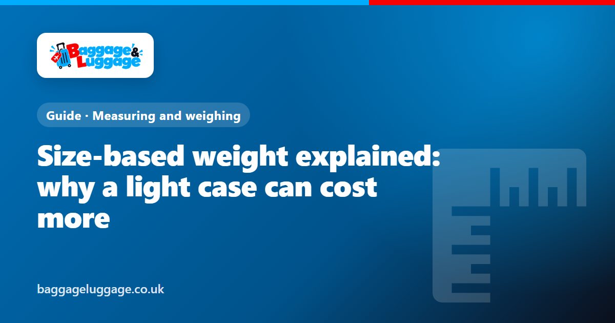 A tape measure stretched across a large suitcase, next to a notepad showing its size-based weight sum